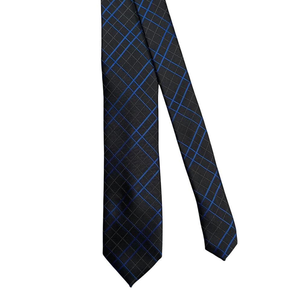 Alfani Men's Necktie Slim Black with Blue Grid Pattern 2.25x60 EUC